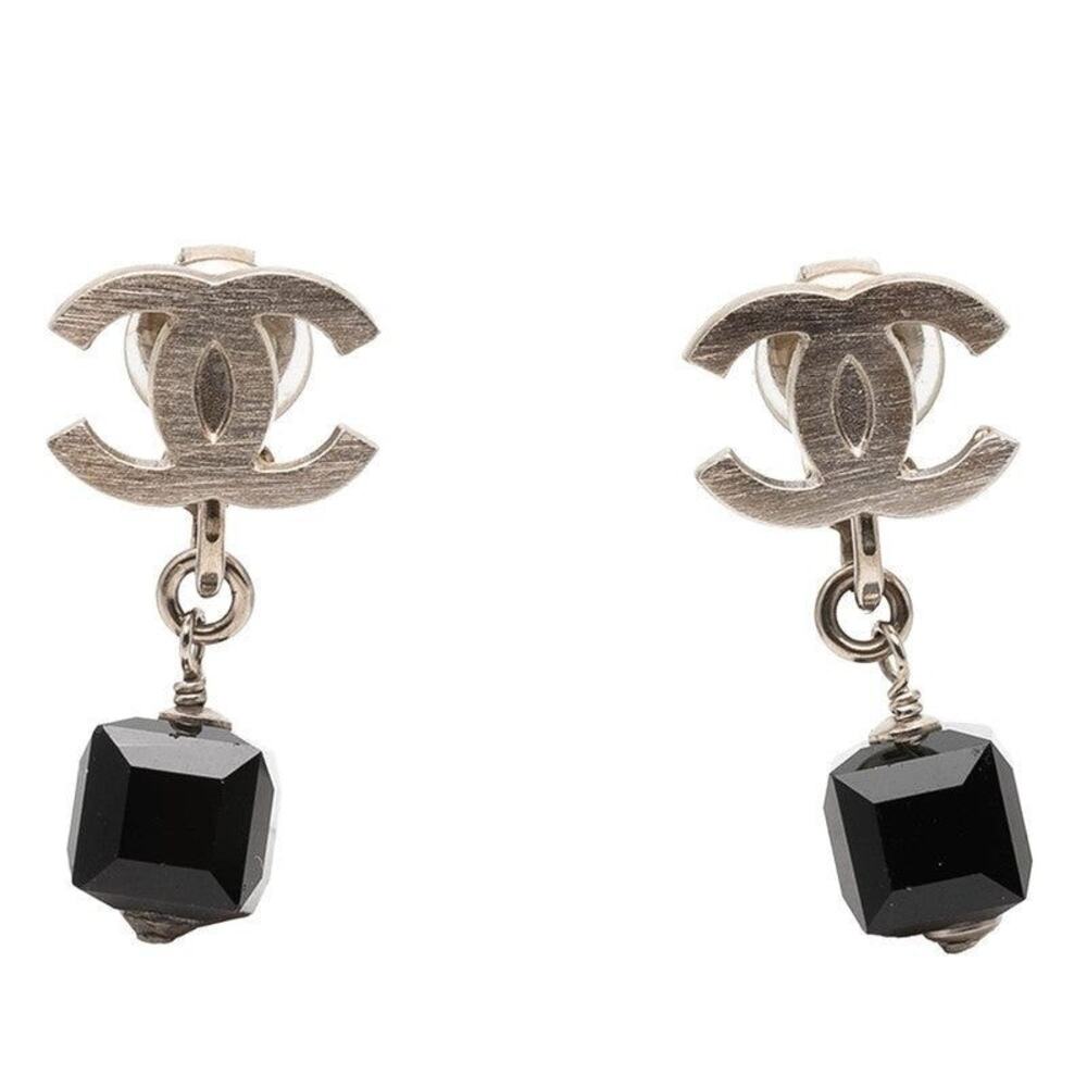 Chanel CC Logo Stamped Metal Plastic Earrings Silver